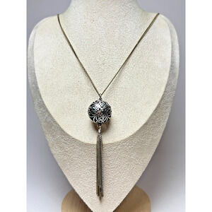 Lucky Brand 32" Filigree Ball Pendant w/ Tassel Two Tone Silver Brass Necklace